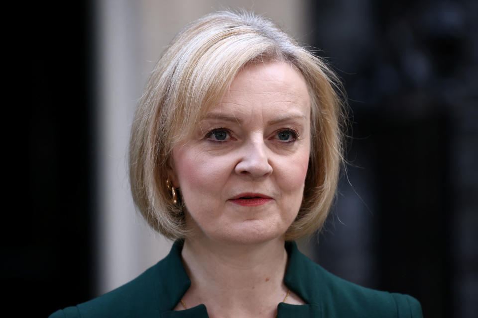 Liz Truss delivers a speech on her last day in office as British Prime Minister, outside Number 10 Downing Street , in London, Britain, October 25, 2022. REUTERS/Henry Nicholls