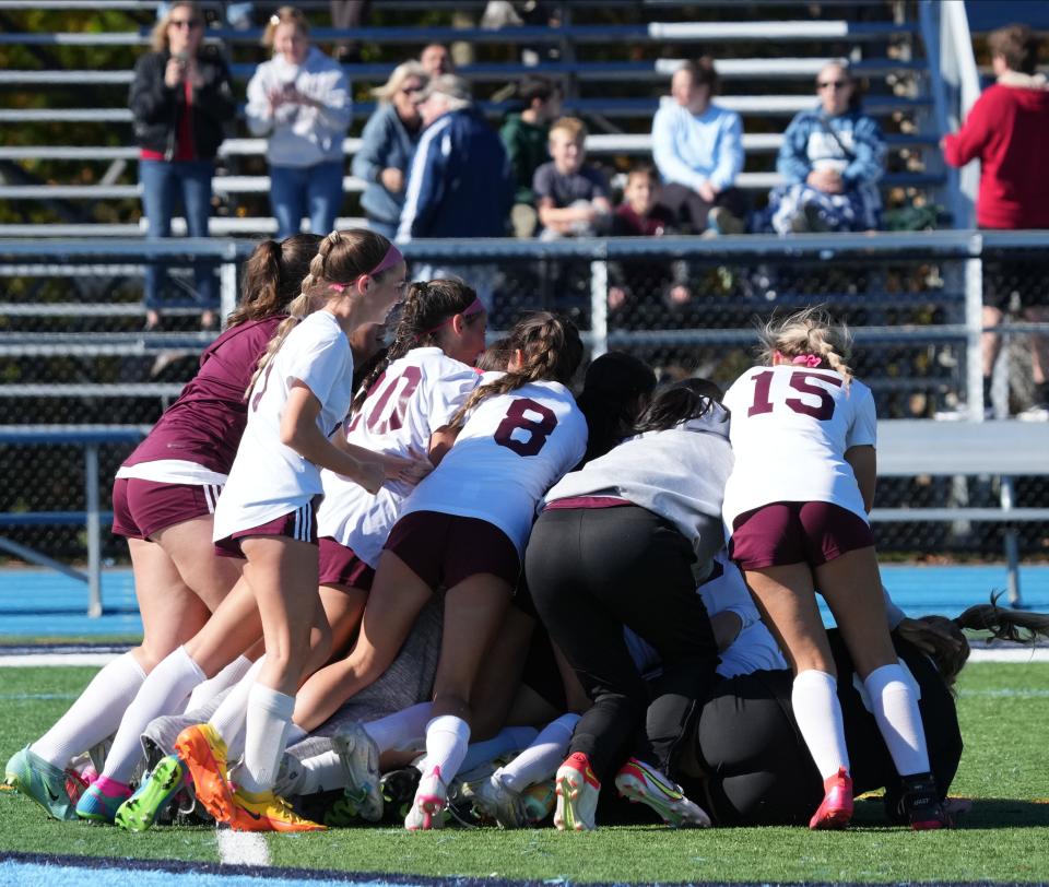 Wayne Hills celebrates at the end of the game after Wayne Hills topped Wayne Valley 2-0 to win the State Girls Soccer Quarterfinal played in Wayne, NJ on October 29, 2022.