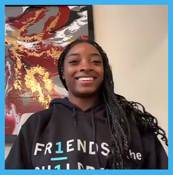 Simone Biles, who has worked with Friends of the Children for several years, meets with youth via Zoom.