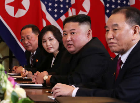 North Korea's leader Kim Jong Un, North Korean Foreign Minister Ri Yong Ho and Kim Yong Chol, Vice Chairman of the North Korean Workers' Party Committee, attend the extended bilateral meeting in the Metropole hotel with U.S. President Donald Trump and his delegation during the second North Korea-U.S. summit in Hanoi, Vietnam February 28, 2019. REUTERS/Leah Millis