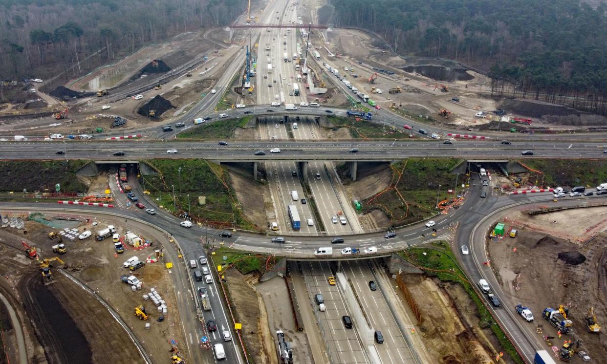 <span>Junction 10 of the M25 in Surrey during a site visit on Monday 11 March. A new gantry is being installed over the weekend.</span><span>Photograph: Gareth Fuller/PA</span>