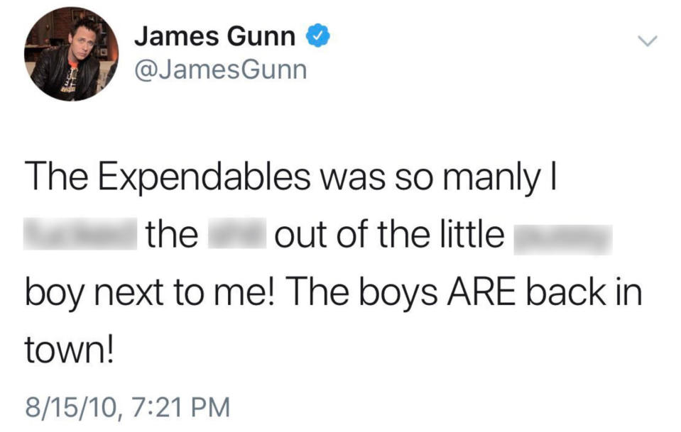 James Gunn’s tweets spoke of taboo topics including rape and pedophilia. Source: Twitter/ James Gunn