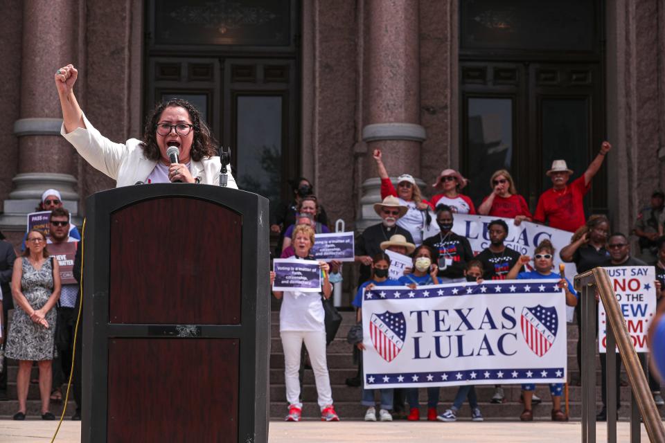 Sindy Benavides, CEO of the League of United Latin American Citizens, speaks July 19, 2021, during a "Let My People Vote" rally at the Texas Capitol. A federal judge has struck down a Texas law opposed by LULAC that imposed new residency requirements for voters.