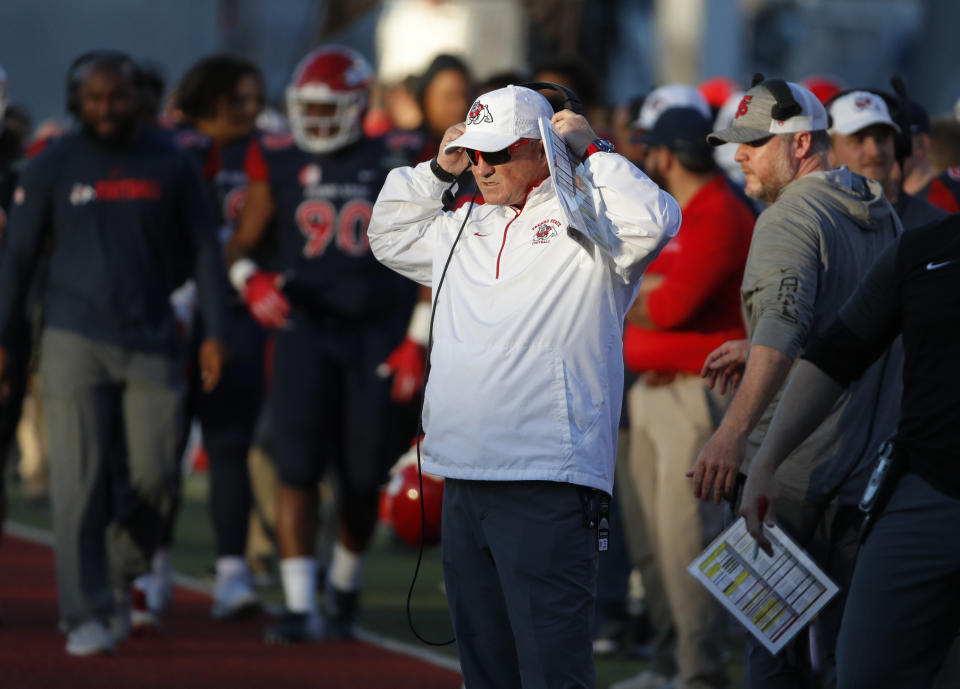 Fresno State head coach Jeff Tedford watches the second half of the Las Vegas Bowl NCAA college football game against Arizona State, Saturday, Dec. 15, 2018, in Las Vegas. (AP Photo/John Locher)