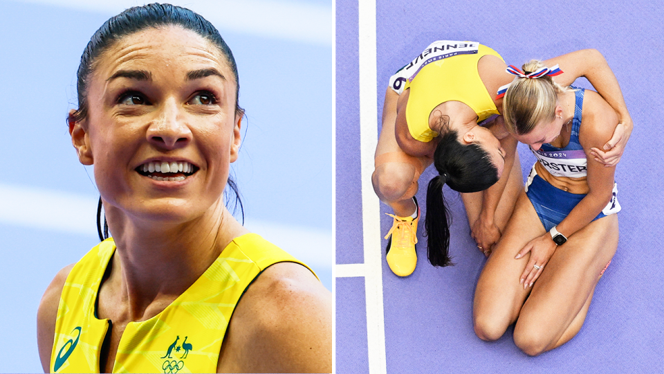 Michelle Jenneke (pictured) pushed through the pain to run her 100m hurdles with a ruptured hamstring tendon at the Olympics. (Getty Images)