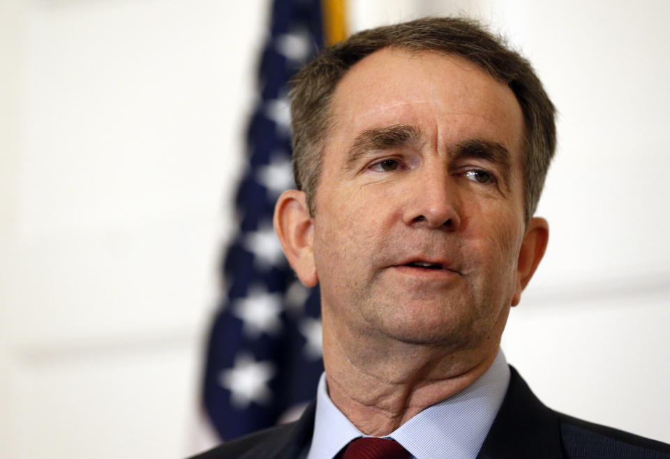 FILE - In this Feb. 2, 2019, file photo, Virginia Gov. Ralph Northam speaks during a news conference in the Governor's Mansion in Richmond, Va. A series of scandals surrounding Virginia's top Democrats has made it difficult for them to raise money in a key election year. Northam, Lt. Gov. Justin Fairfax and Attorney General Mark Herring all posted anemic campaign finance reports Monday, April 15, that are far below what their predecessors have raised at similar points in past election cycles. (AP Photo/Steve Helber, File)