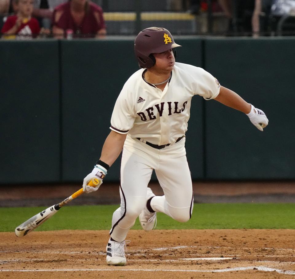 April 21, 2023; Phoenix, Ariz.; USA; ASU outfielder Nick McLain hits the ball against Oregon State at Phoenix Municipal Stadium.