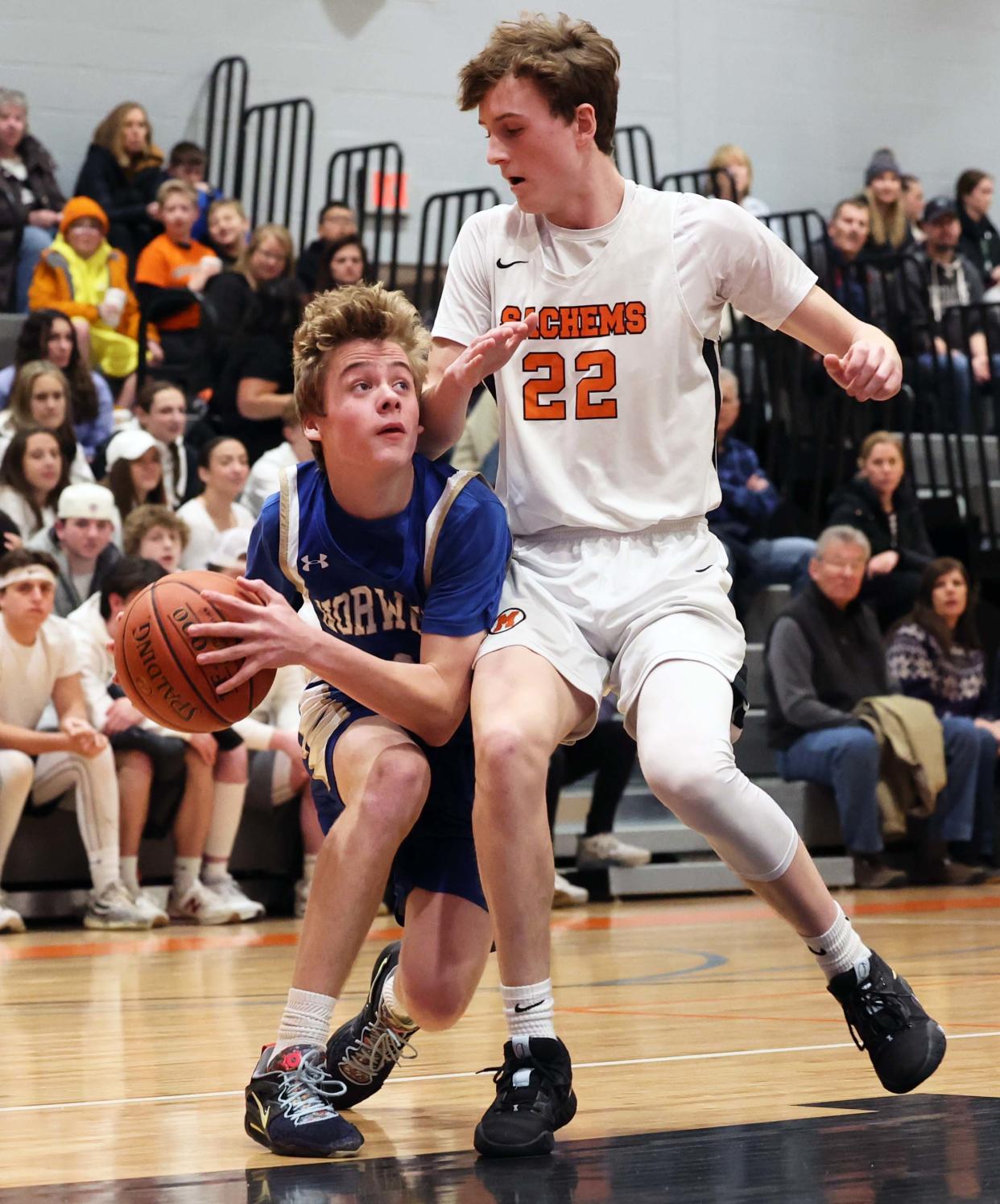 Norwell's Ronan Coffey is defended by Middleboro's Matt Youngquist during a game on Friday, Feb. 3, 2023.