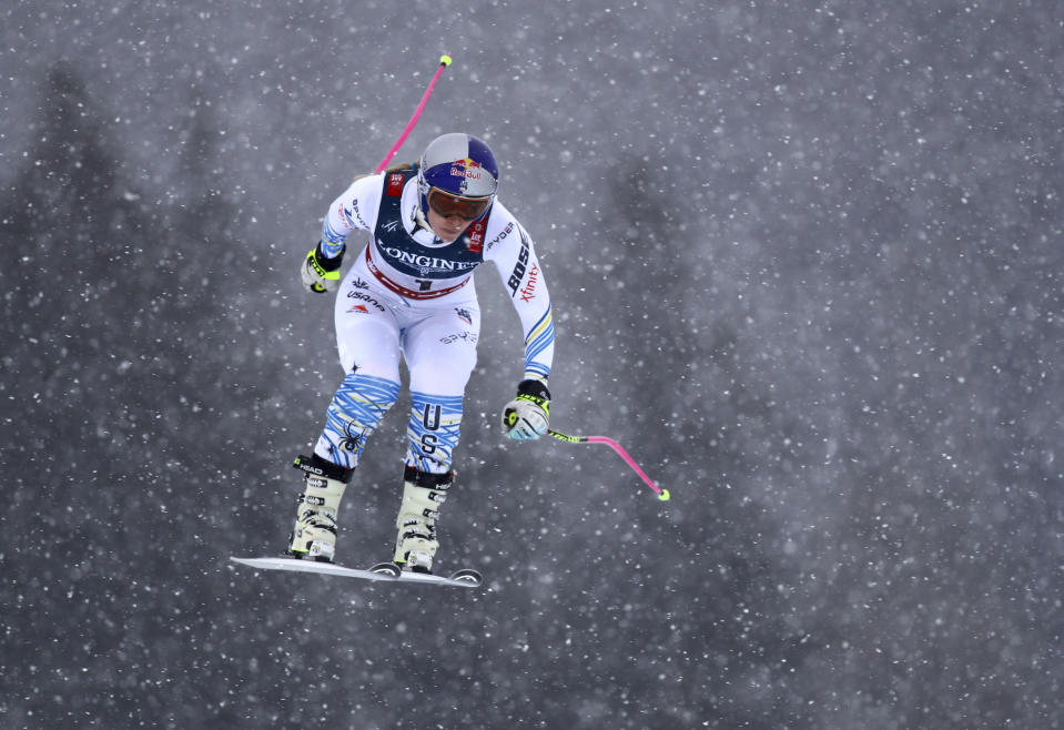 United States' Lindsey Vonn speeds down the course during the downhill portion of the women's combined, at the alpine ski World Championships in Are, Sweden, Friday, Feb. 8, 2019. (AP Photo/Marco Trovati)