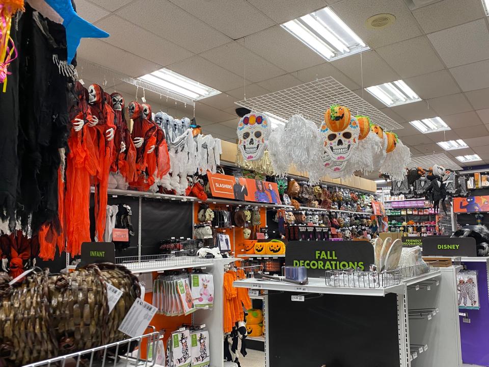 The Halloween decorations hanging from the ceiling at Party City