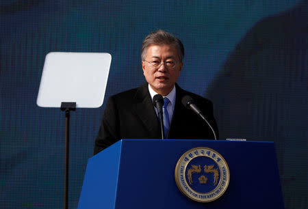 South Korean President Moon Jae-in delivers a speech during a ceremony celebrating the 99th anniversary of the March First Independence Movement against Japanese colonial rule, at Seodaemun Prison History Hall in Seoul, South Korea, March 1, 2018. REUTERS/Kim Hong-Ji