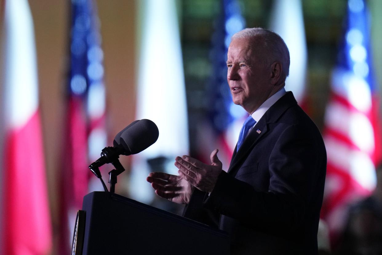 President Biden delivers a speech at the Royal Castle in Warsaw, Poland, on Saturday. (AP Photo/Petr David Josek)