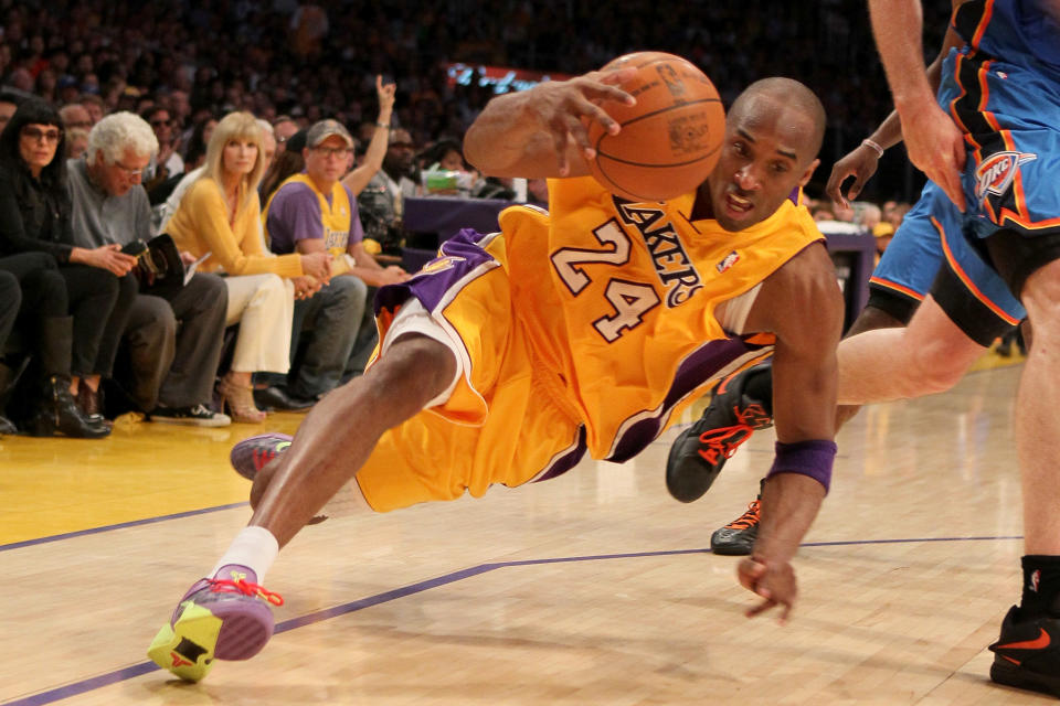 Lakers guard Kobe Bryant tries to keep his dribble and his balance against the Thunder on May 19 at Staples Center in Los Angeles. (Photo by Stephen Dunn/Getty Images)