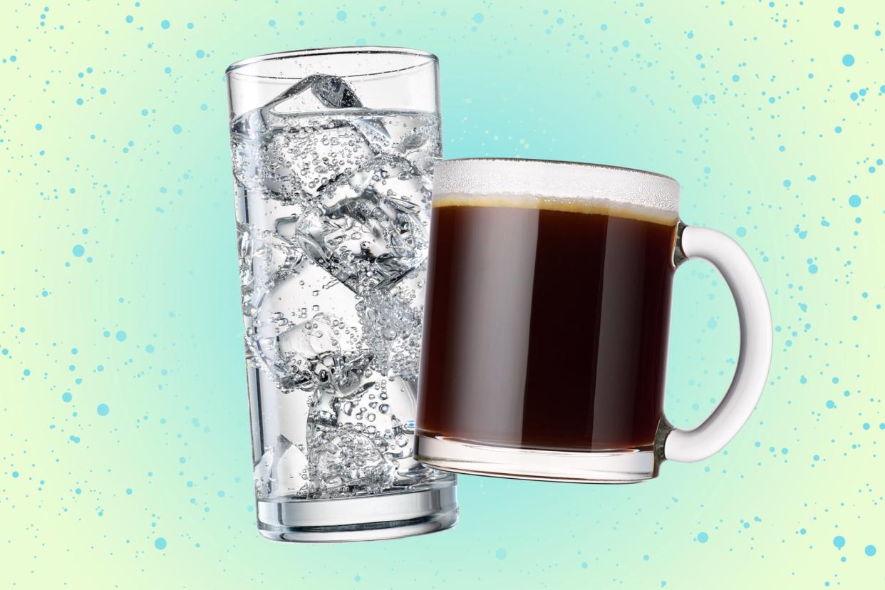 a collage featuring seltzer water in a glass and a glass mug with black coffee