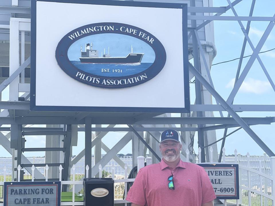 Brent Gainey, one of the newest pilots in the Wilmington Cape Fear Pilots Association, stands in front of the Pilot Tower in Southport, N.C., on Thursday, July 13, 2023.