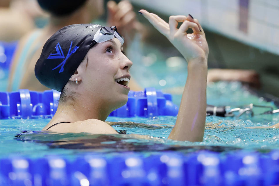 ATHENS, GEORGIA - MARCH 21: Gretchen Walsh of the Virginia Cavaliers gestures after winning the Women's 50 Yard Freestyle finals during the Division I Women's Swimming and Diving Championships held at Ramsey Center on March 21, 2024 in Athens, Georgia. (Photo by Alex Slitz/NCAA Photos via Getty Images)