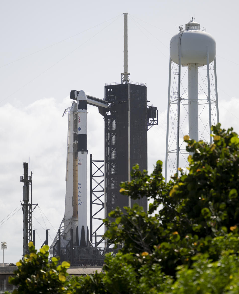 A SpaceX Falcon 9 rocket with the company's Dragon spacecraft on top is seen on the launch pad at Launch Complex 39A as preparations continue for the Crew-7 mission, Monday, Aug. 21, 2023, at NASA's Kennedy Space Center in Cape Canaveral, Fla. NASA's SpaceX Crew-7 mission is the seventh crew rotation mission of the SpaceX Crew Dragon spacecraft and Falcon 9 rocket to the International Space Station as part of the agency's Commercial Crew Program. (Joel Kowsky/NASA via AP)