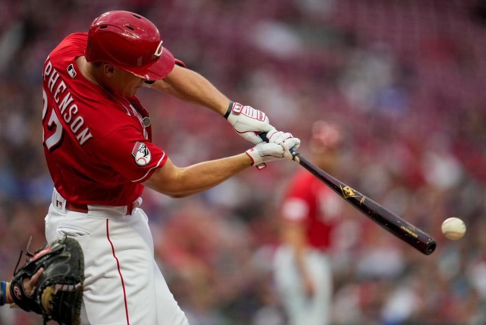 Cincinnati Reds catcher Tyler Stephenson spent his off day on Monday at Great American Ball Park working on his swing.