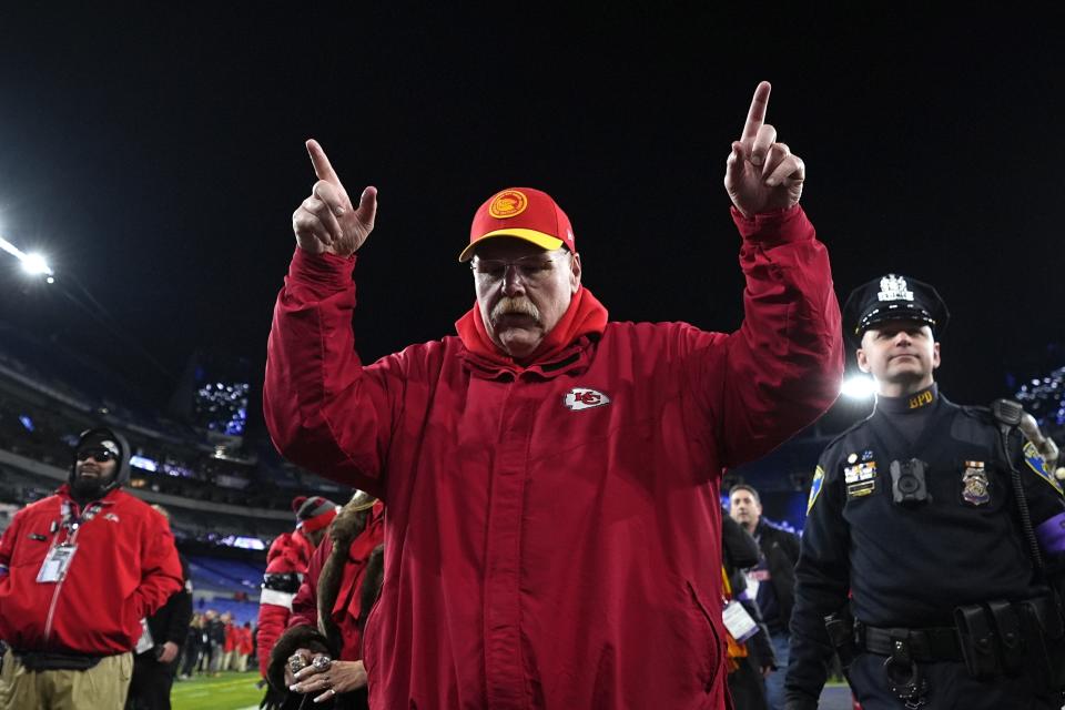 Kansas City Chiefs head coach Andy Reid gestures as he walks off the field after defeating the Baltimore Ravens in the AFC Championship NFL football game, Sunday, Jan. 28, 2024, in Baltimore. (AP Photo/Matt Slocum)