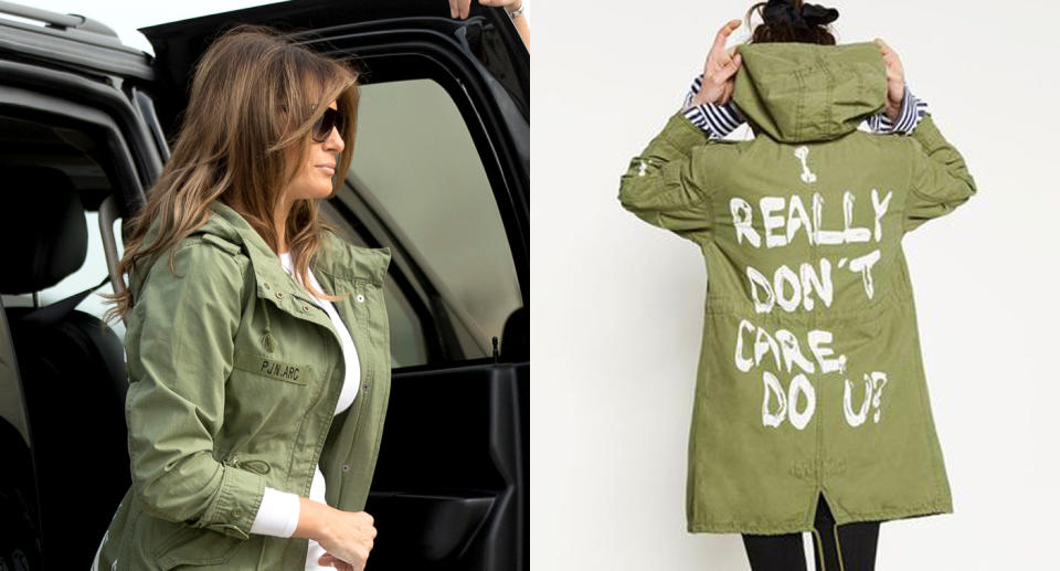 Melania Trump sparks controversy with her jacket. (Photo: Twitter via Elise Nakhnikian/Riseandrisistny)