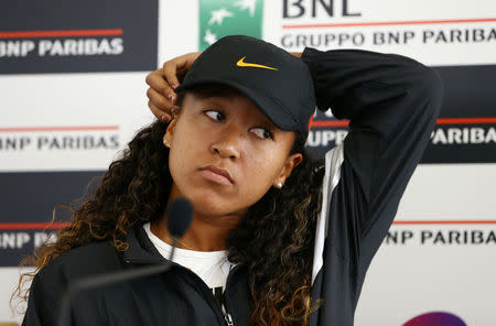 Tennis - WTA Premier 5 - Italian Open - Foro Italico, Rome, Italy - May 17, 2019 Japan's Naomi Osaka during a press conference after withdrawing from her quarter final match against Kiki Bertens of Netherlands due to injury REUTERS/Matteo Ciambelli