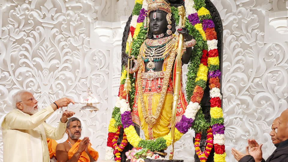 In January, Indian Prime Minister Narendra Modi inaugurated a Hindu temple in Ayodhya with a large statue of Lord Ram. The temple was built at the site of a 16th century mosque that was demolished by Hindu hardliners in 1992. - Imtiyaz Khan/Anadolu/Getty Images