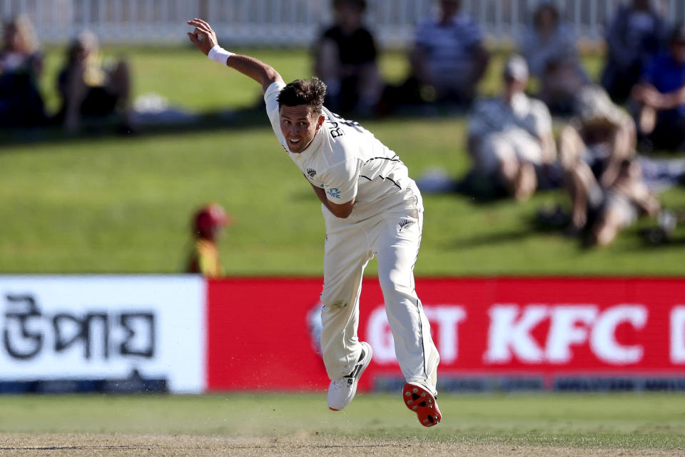 Trent Boult of New Zealand plays on day two of the first cricket test between Bangladesh and New Zealand at Bay Oval in Mount Maunganui, New Zealand, Sunday, Jan. 2, 2022. (Marty Melville/Photosport via AP)