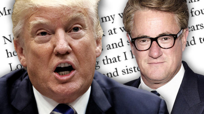 President Trump and Joe Scarborough with a portion of a letter sent to the CEO of Twitter from the widower of Scarborough's former intern Lori Klausutis. (Photo illustration: Yahoo News; photos: AP, Bryan Bedder/Getty Images)