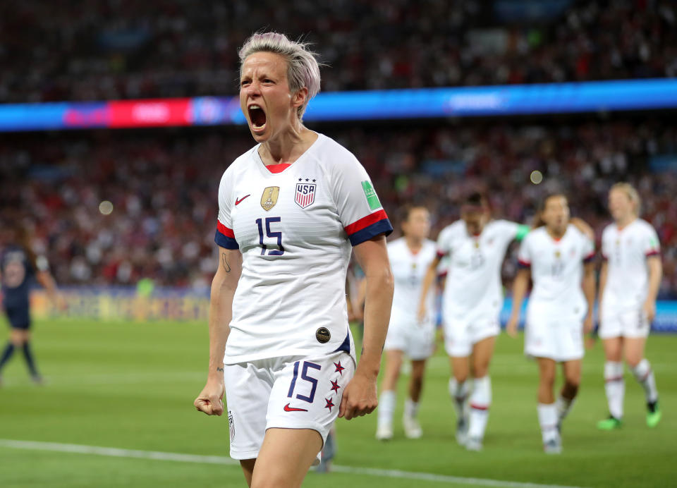 USA's Megan Rapinoe celebrates scoring her side's second goal of the game France v USA - FIFA Women's World Cup 2019 - Quarter Final - Parc des Princes 28-06-2019 . (Photo by  Richard Sellers/EMPICS/PA Images via Getty Images)