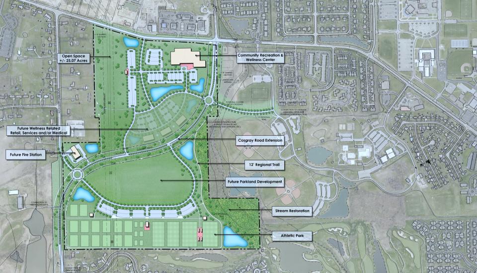 This map shows the proposed site of the Hilliard Recreation and Wellness Campus, as well as the extension of Cosgray Road to connect with Alton Darby Creek Road.