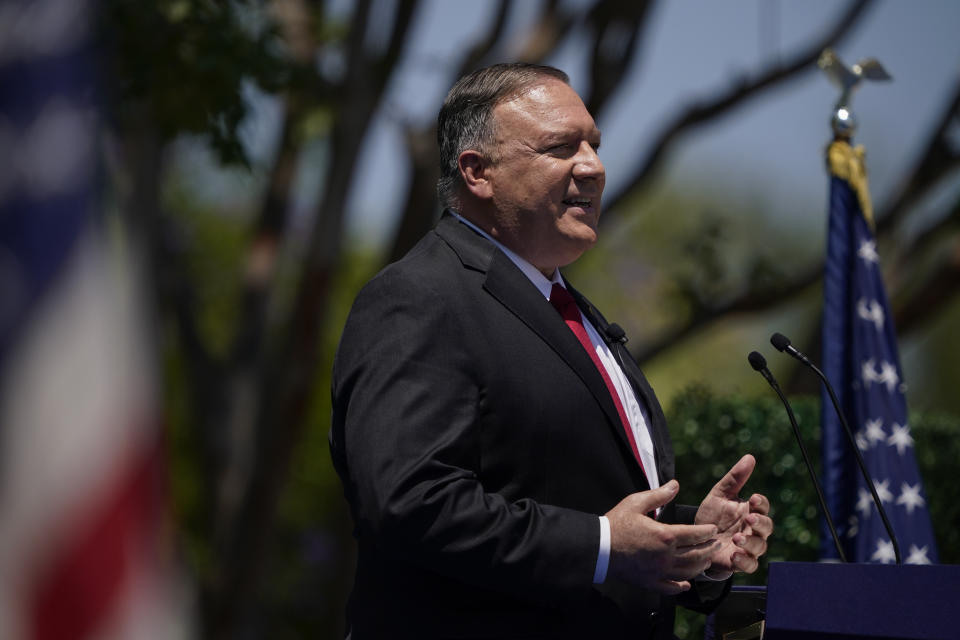 Secretary of State Mike Pompeo speaks at the Richard Nixon Presidential Library, Thursday, July 23, 2020, in Yorba Linda, Calif. (AP Photo/Ashley Landis, Pool)