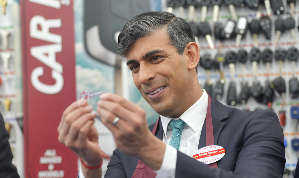 LONDON, UNITED KINGDOM – APRIL 19: Prime Minister Rishi Sunak during a visit to a branch of Timpson, in central London after he gave a major policy speech on welfare reform on April 19, 2024 in London England. British Prime Minister Rishi Sunak called for an end to the 