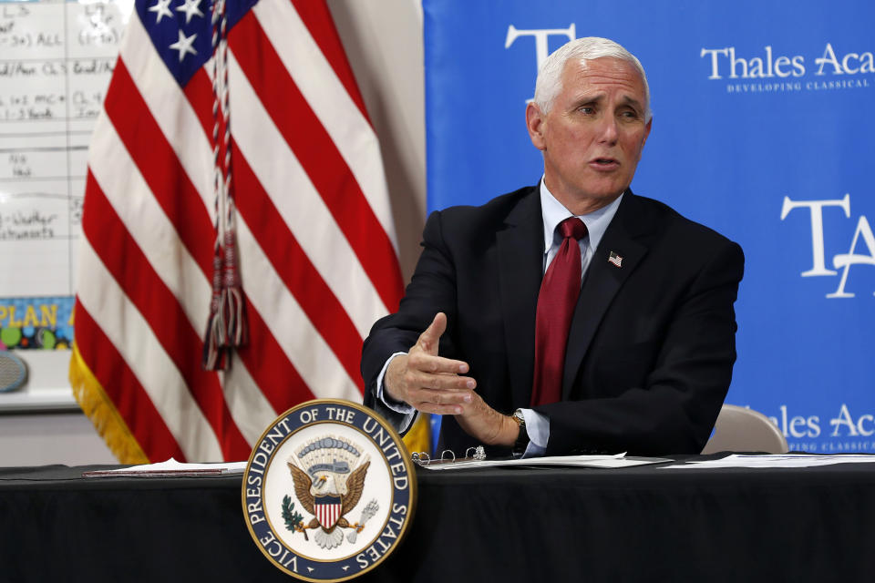 Vice President Mike Pence speaks during a visit to Thales Academy, which reopened to students in Apex, N.C., Wednesday, July 29, 2020. (AP Photo/Gerry Broome)