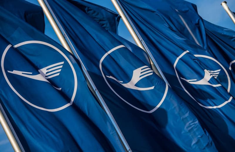 Flags with the Lufthansa logo wave in the wind at the airport in the Main metropolis. Andreas Arnold/dpa