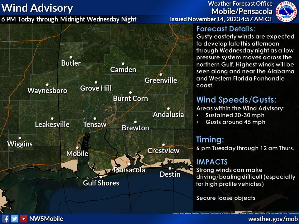 A Wind Advisory is in effect for coastal areas from 6 pm this evening through Wednesday evening for wind gusts up to 45 mph.