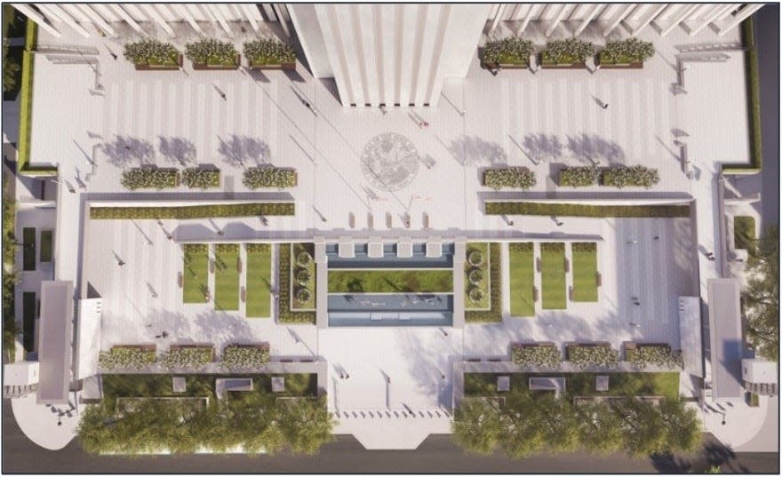The tops of elevators and ramps leading from Duval Street at the north and south ends of Waller Park are shown in this aerial depiction of the redesign of  the Capitol plaza.