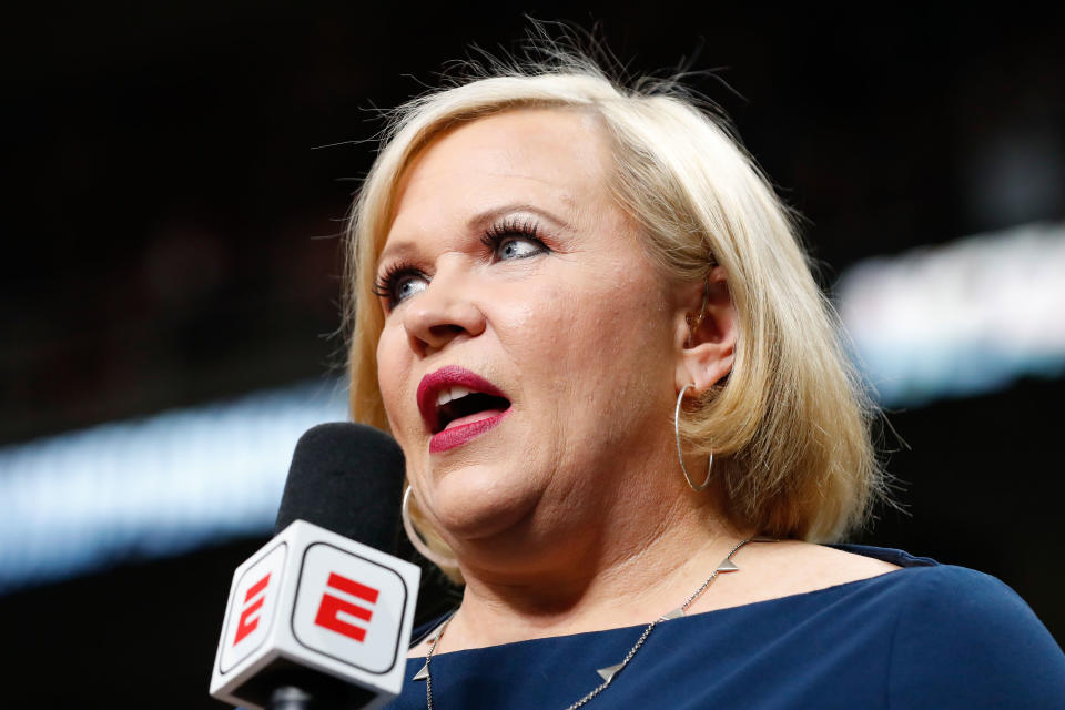 Mar 29, 2019; Albany , NY, USA; ESPN reporter Holly Rowe prior to the game between the <a class="link " href="https://sports.yahoo.com/ncaaw/teams/ucla/" data-i13n="sec:content-canvas;subsec:anchor_text;elm:context_link" data-ylk="slk:UCLA Bruins;sec:content-canvas;subsec:anchor_text;elm:context_link;itc:0">UCLA Bruins</a> and the UConn Huskies in the semifinals of the Albany regional in the women’s 2019 NCAA Tournament at the Times Union Center. Mandatory Credit: Rich Barnes-USA TODAY Sports