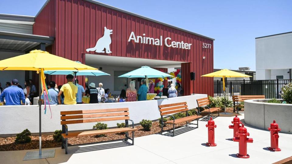 Visitantes se preparan para recorrer el Fresno Animal Center durante un gran evento de inauguración y corte de listón en las instalaciones cerca del aeropuerto, el martes 28 de junio de 2022.