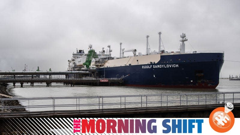 A photo of a Russian Oil Tanker with The Morning Shift banner underneath. 