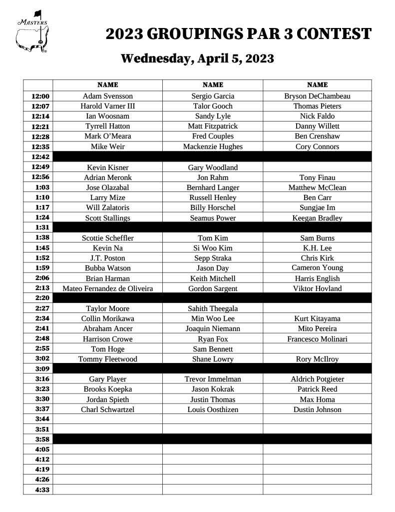 Masters Par 3 Contest tee times 2023