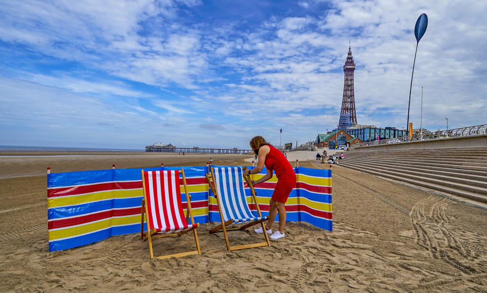 <p>Deckchairs for hire on the Promenade at Blackpool beach, Lancashire for the first time in over ten years. Local businessman Andrew Beaumont has leased a section of the Promenade from the local council to set up Blackpool Deckchairs which will rent up to 500 chairs and windbreaks to tourists each day. Picture date: Tuesday June 29, 2021.</p>
