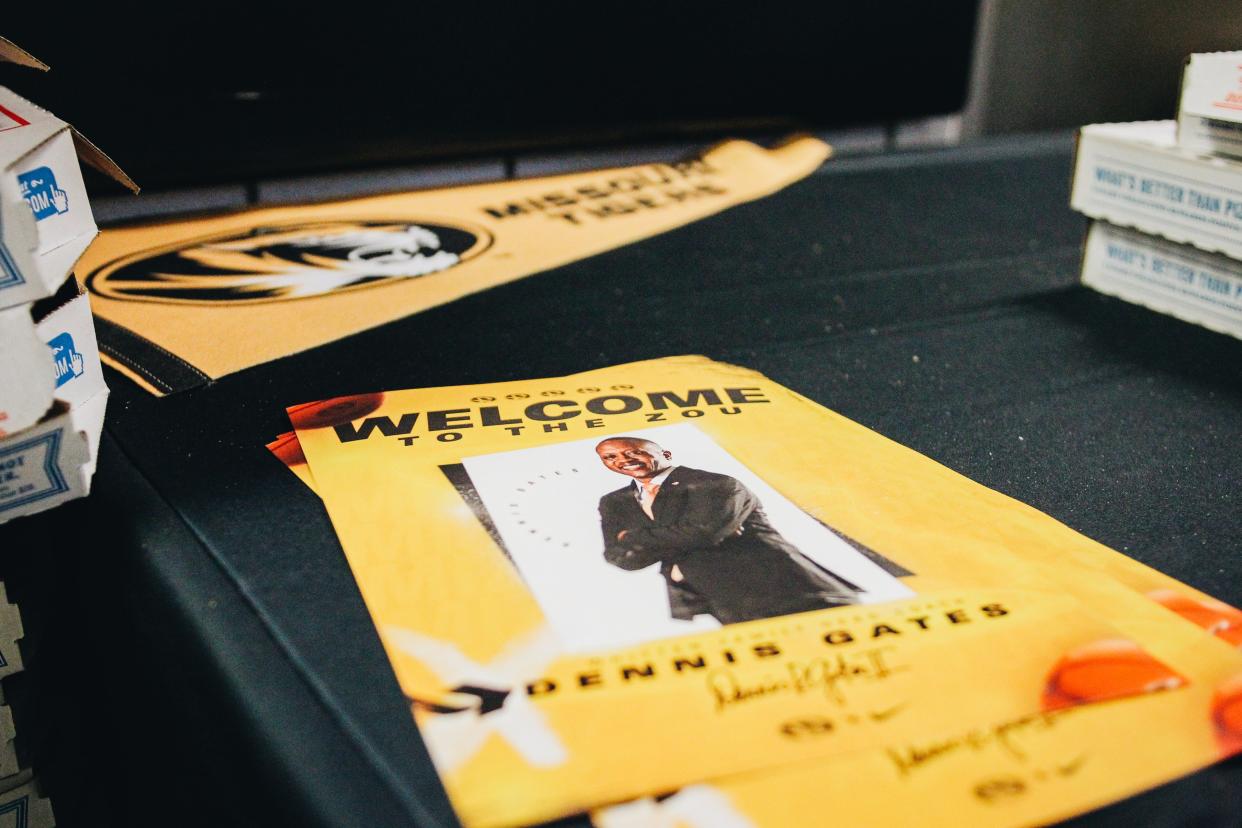 Pendants and flyers are strewn about during Dennis Gates' introductory press conference at the Albrecht Family Practice Facility inside Mizzou Arena on March 22.