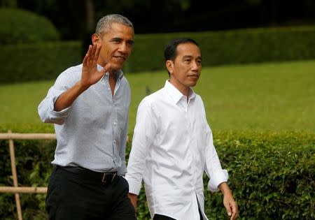 Former U.S. President Barack Obama (L) and Indonesian President Joko Widodo are seen during their meeting at the Botanical Garden near the presidential palace in Bogor, Indonesia June 30, 2017. REUTERS/Adi Weda/Pool