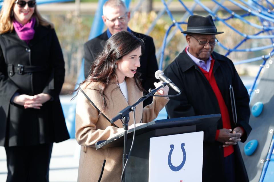 Owner and Vice Chair of the Indianapolis Colts, Kalen Jackson, speaks during the grand opening celebration of the Colts Canal Play Space in Indianapolis on Thursday, Nov. 8, 2018. 