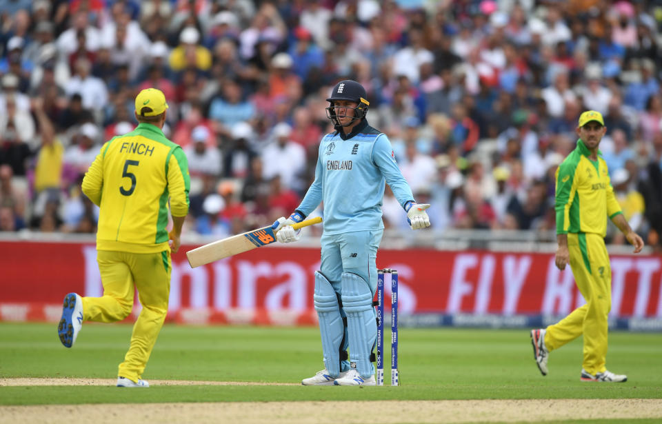 BIRMINGHAM, ENGLAND - JULY 11: Jason Roy of England(C) reacts after being given out during the Semi-Final match of the ICC Cricket World Cup 2019 between Australia and England at Edgbaston on July 11, 2019 in Birmingham, England. (Photo by Gareth Copley-IDI/IDI via Getty Images)