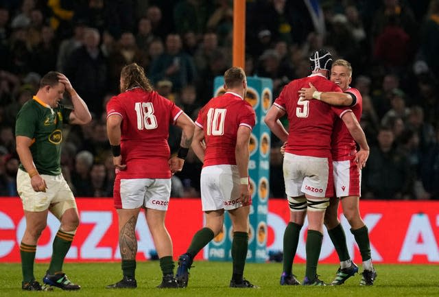 Gareth Anscombe (far right) kicked a last-gasp conversion as Wales beat South Africa 13-12 in Bloemfontein to set up a series decider next week