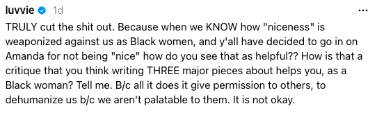 Post criticizing the negative use of 'niceness' towards Black women and its impacts