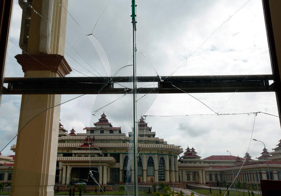 <p>Glasses of the parliamentary building are broken by a strong earthquake in Naypyitaw, Myanmar, Thursday, Aug. 25, 2016. (AP Photo/Aung Shine Oo) </p>