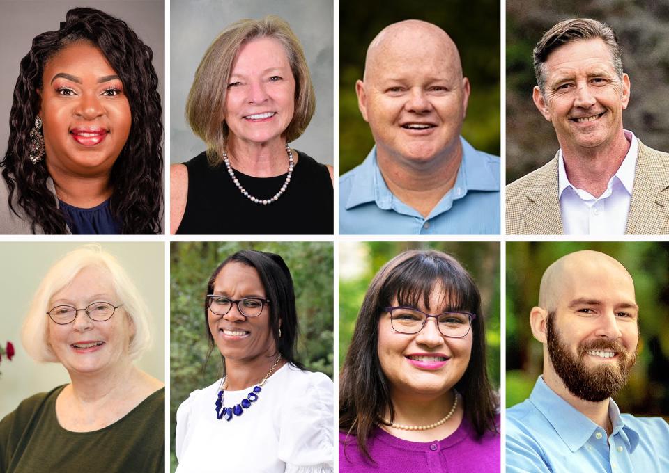 Candidates for the 2022 Alachua County School Board races, top from left to right, Diyonne McGraw, Kay Abbitt, Daniel Fisher, Raymond Holt, Jr., bottom left to right, Mildred Russell, Tina Certain, Sarah Rockwell and Prescott Cowels.