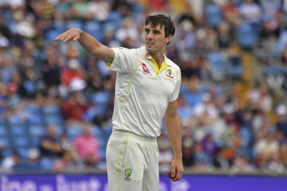 Australia's captain Pat Cummins prepares to bowl his next delivery during the first day of the third Ashes Test match between England and Australia at Headingley, Leeds, England, Thursday, July 6, 2023. (AP Photo/Rui Vieira)